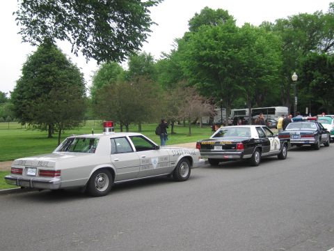 1991 Ford LTD Crown Victoria - silver STATE POLICE sedan with roof beacon parked among a line of police cruisers on a tree-lined park road.