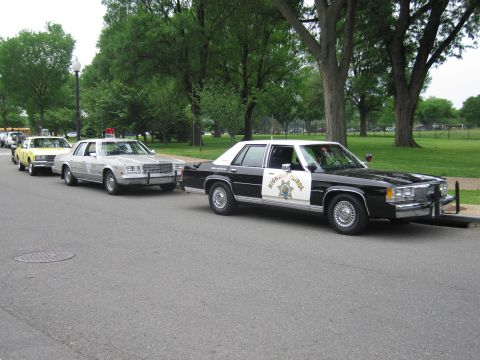 1991 Ford LTD Crown Victoria - black-and-white highway patrol sedan with star emblem and push bumper leads a row of cruisers under trees.