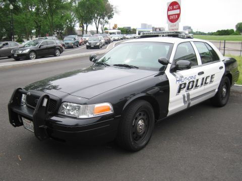 1991 Ford LTD Crown Victoria - black-and-white Ford Crown Victoria police interceptor marked 'POLICE 4' with a front push bar near a freeway.