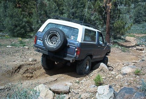 1986 Ford Bronco - A Ford Bronco navigates a challenging off-road path with a spare tire mounted on the rear.