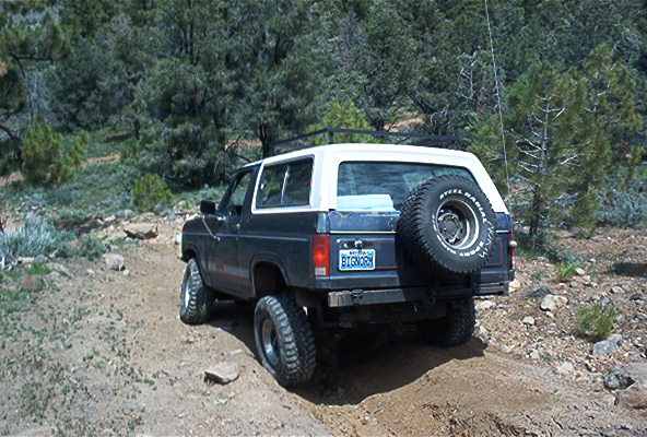 Rear view of a black 1986 Ford Bronco with a white top, driving on a dirt trail