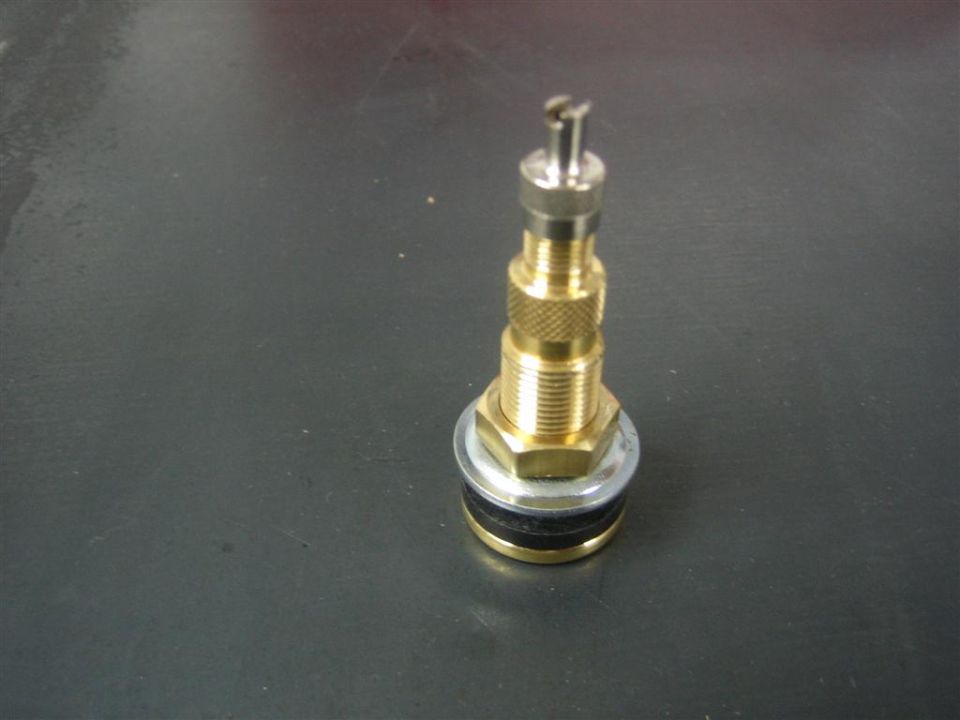 Close-up of a brass tire valve stem with a metal cap