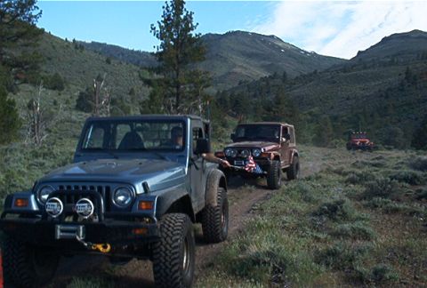 1986 Ford Bronco - Multiple Jeeps drive off-road through a mountainous, brush-covered landscape under a clear blue sky.