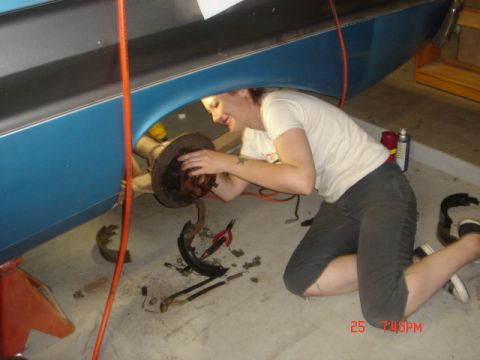 1965 Ford Ranchero - My lovely assistant. She said she wanted to help..and not just handin' me tools; so i handed her tools and she did front and rear on her si…