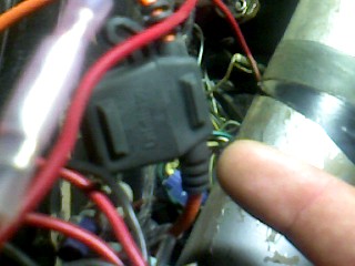 1965 Ford Ranchero - A finger points to a black connector in a complex web of vehicle wiring.