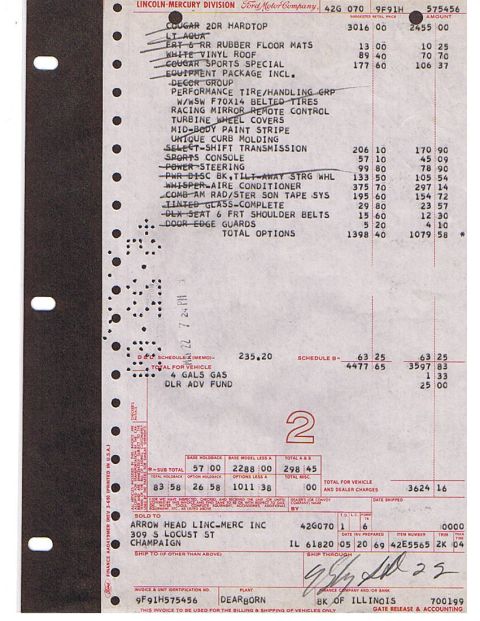 1969 Ford Torino - This document details the options and pricing for a vehicle, not the vehicle itself.