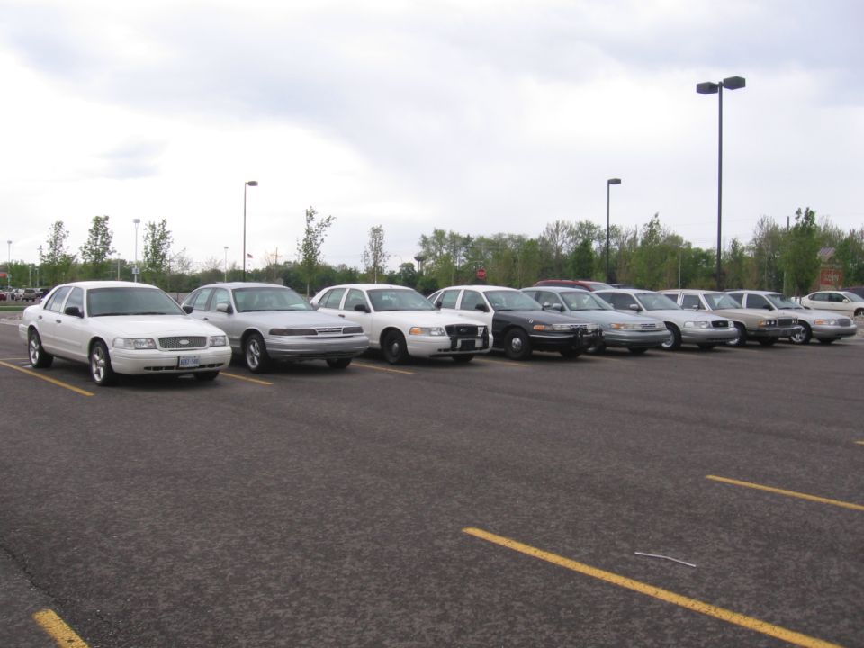 Several Ford Crown Victoria police cars parked in a lot. One has a license plate that reads 'LKP 607'