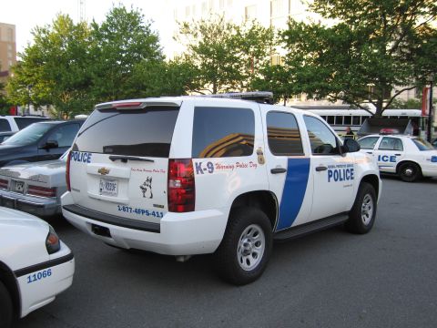 1991 Ford LTD Crown Victoria - white-and-blue Chevrolet Tahoe marked Federal Protective Service K-9 Police is parked among other patrol cars in a lot.
