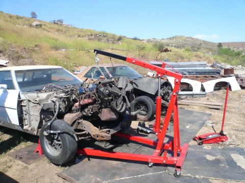 1975 Ford Ranchero - A red engine hoist is lifting the engine out of a white car with its hood removed. The car is in a junkyard setting with other car parts vi…