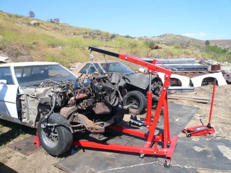 White car with engine being removed by a red engine hoist in a junkyard.