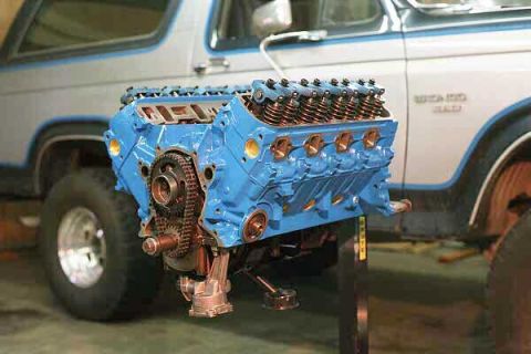 1985 Ford Bronco - The "raw" long-block waiting for additional components. Note "port work" on intake and exhaust.
