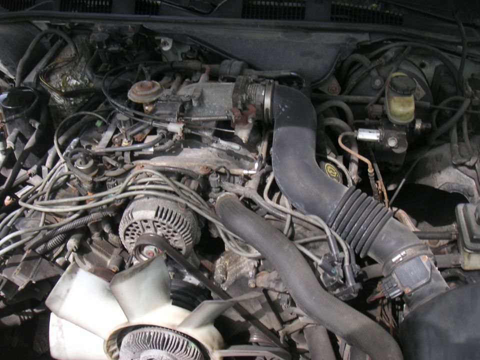 Dusty Ford V8 engine bay with airbox removed, alternator, clutch fan and intake tube visible