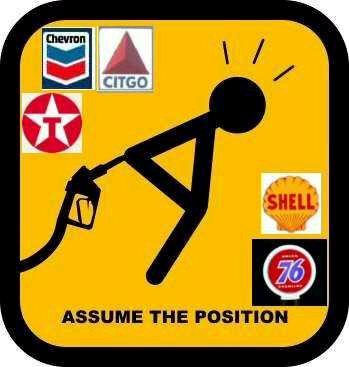 1968 Ford Mustang - A humorous graphic depicts a stick figure in a compromising position with a gas pump, surrounded by various fuel brand logos.