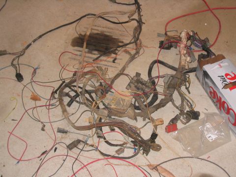1979 Ford Bronco - A tangled mess of automotive wiring harnesses and connectors are spread across a concrete floor. A partial box of Coca-Cola is visible to t…