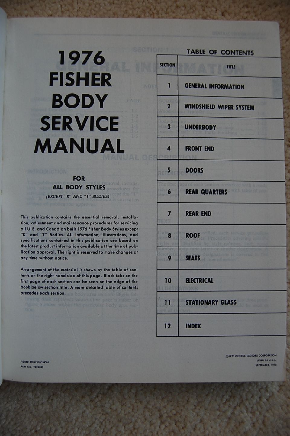 1976 Fisher Body Service Manual title page with 12-section table of contents