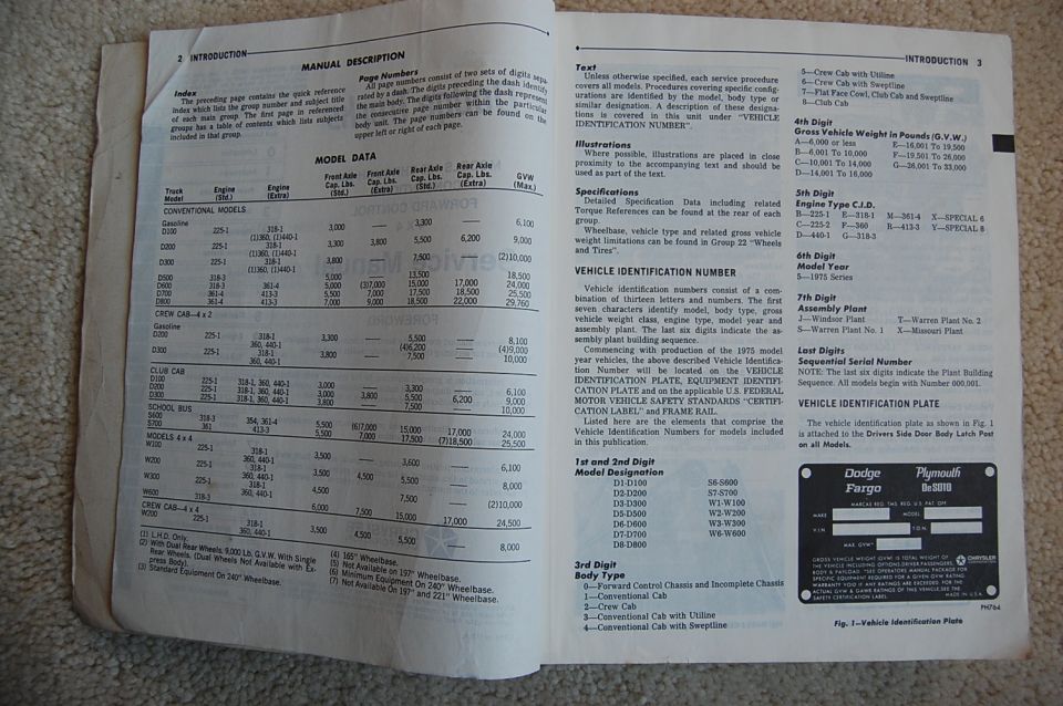 Open Dodge truck service manual pages showing model data table and 1975 VIN decoding chart