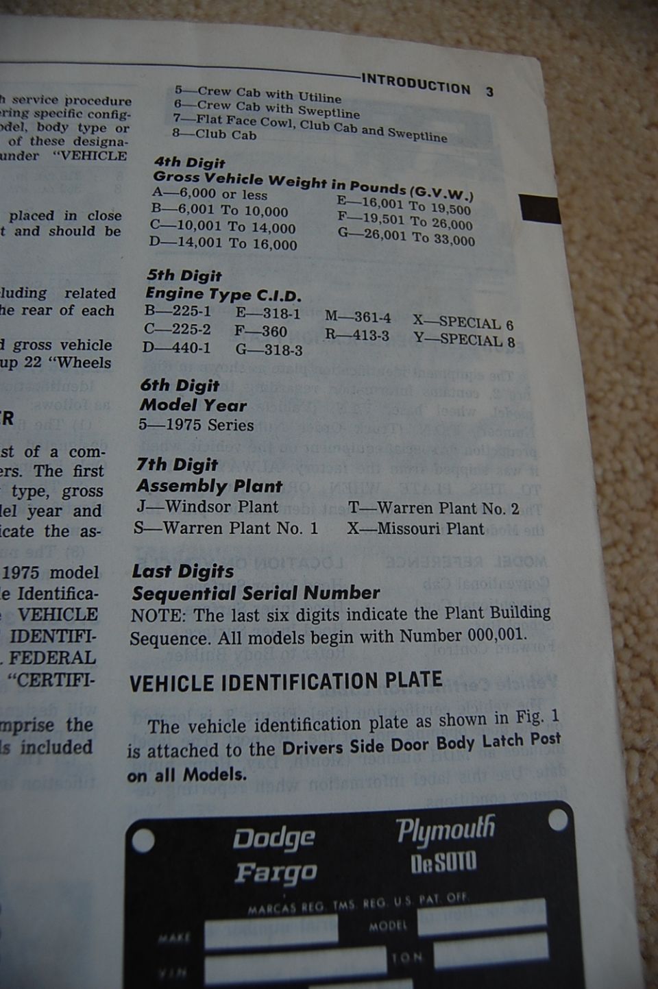 Dodge truck manual page decoding VIN digits for GVW, engine CID, 1975 model year and plants