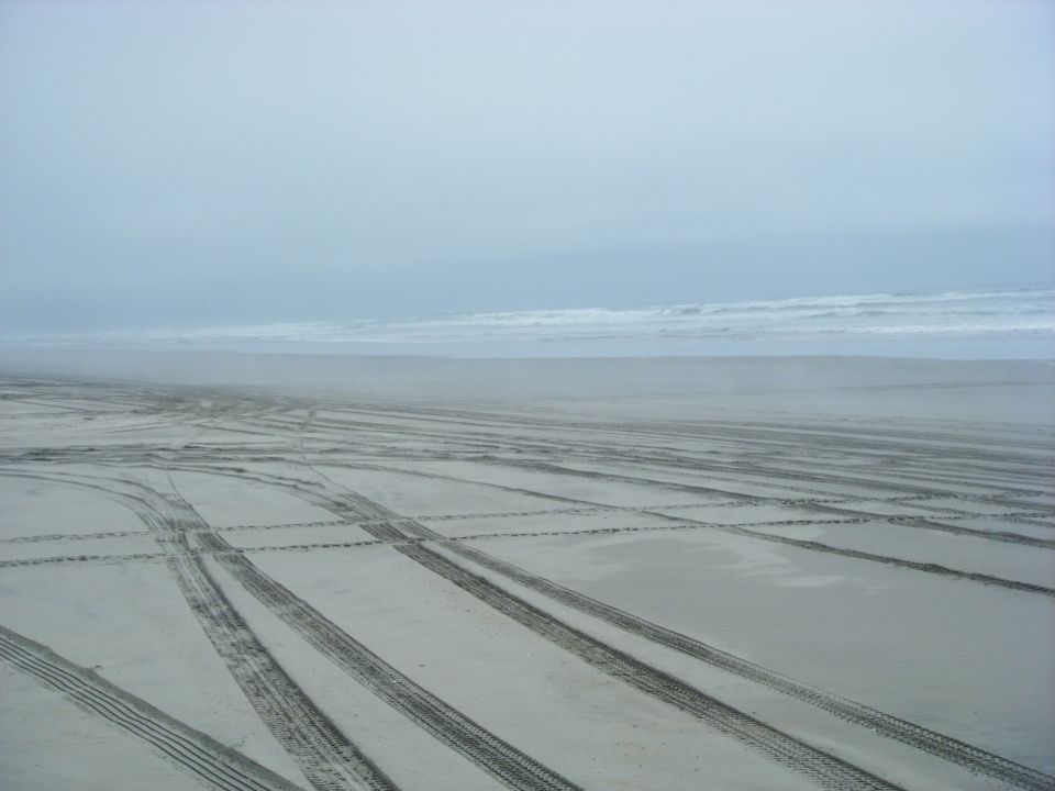 Tire tracks on a sandy beach with the ocean in the background.