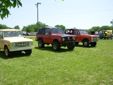 1983 Ford Bronco - Multiple Ford Broncos gathered on a grassy field under a clear sky.