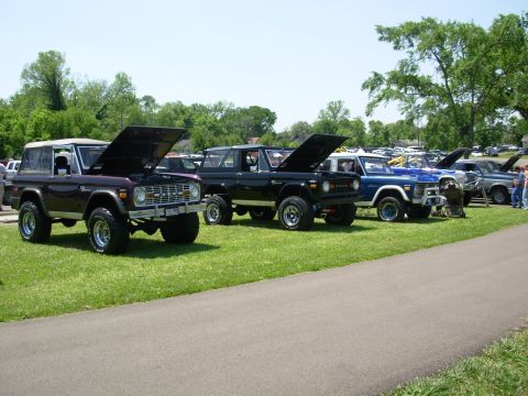 1983 Ford Bronco - Several Ford Broncos are lined up on a grassy field with their hoods open under a clear sky.