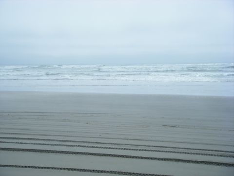 1994 Ford Explorer - Tire tracks mark the sand on a beach under an overcast sky.
