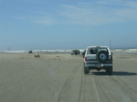 1978 Ford Bronco - Multiple SUVs, including a white 1978 Ford Bronco, drive along a sandy beach with the ocean in the background.