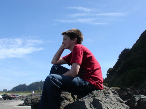 1978 Ford Bronco - A young man contemplates the view from a rocky outcrop overlooking a beach with several vehicles parked nearby.