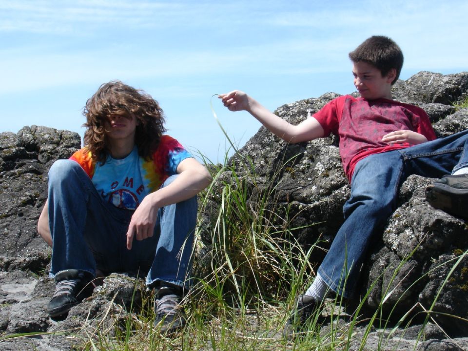 Two boys sit on rocks near tall grass under a blue sky