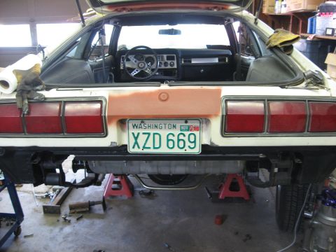 1978 Ford Mustang II - Rear view of a 1978 Ford Mustang II, showing the license plate and undercarriage.