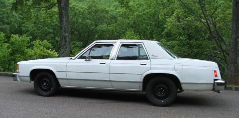 1985 Ford LTD Crown Victoria - A white sedan with black steel wheels is parked outdoors with a wooded area behind it.