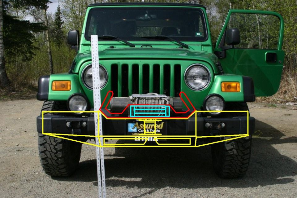 Green Jeep Wrangler front view with winch and aftermarket bumper
