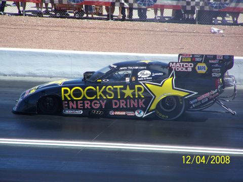 1973 Ford Mustang - Funny car with Rockstar Energy Drink livery on a drag strip, dated 12/04/2008.