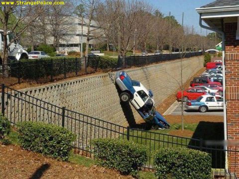 1991 Ford Crown Victoria - A police car has ended up in a precarious position, stuck on a concrete retaining wall with other vehicles parked nearby.