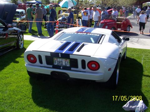 1973 Ford Mustang - A white Ford GT with racing stripes is displayed on the grass at an outdoor car show.