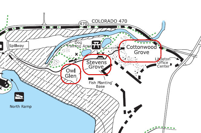 Map showing Colorado 470 highway and various points of interest like Owl Glen and Cottonwood Grove.