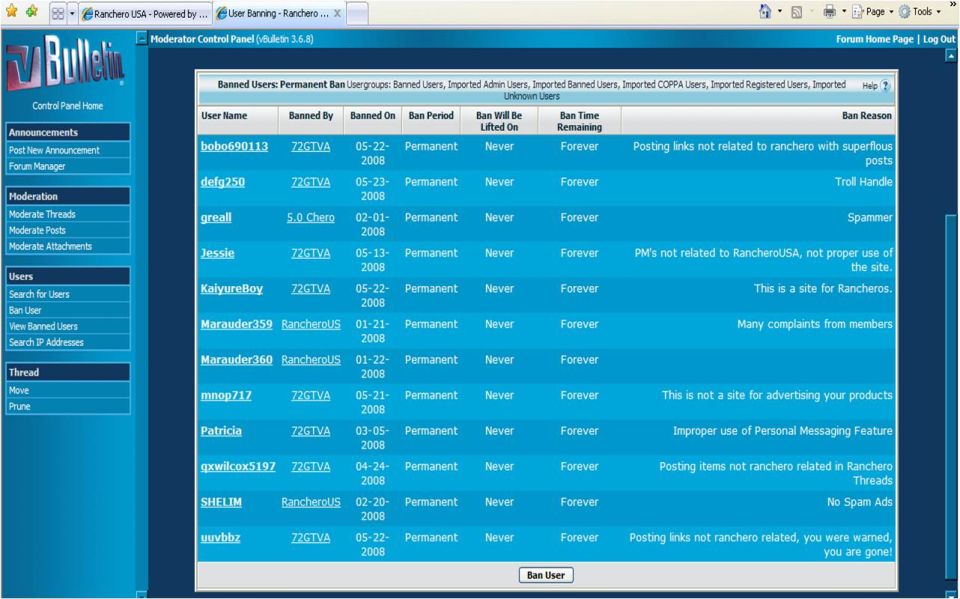 Screenshot of a vBulletin forum moderator control panel listing banned users