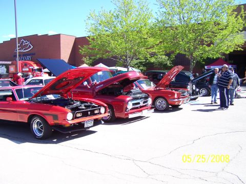 1972 Ford Ranchero - Several classic cars are displayed with their hoods up at a car show on a sunny day.