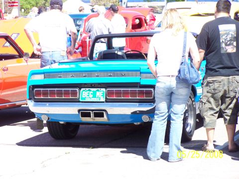 1972 Ford Ranchero - A blue 1972 Ford Ranchero convertible is displayed at a car show, a custom license plate.