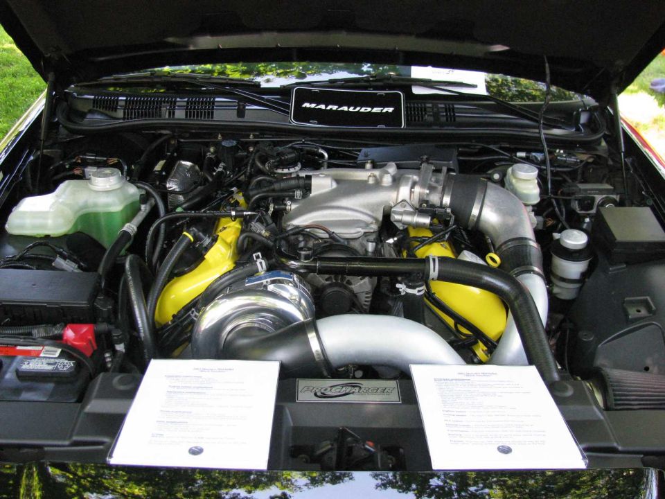Engine bay of a black car with a supercharger and yellow components, ProCharger logo visible.