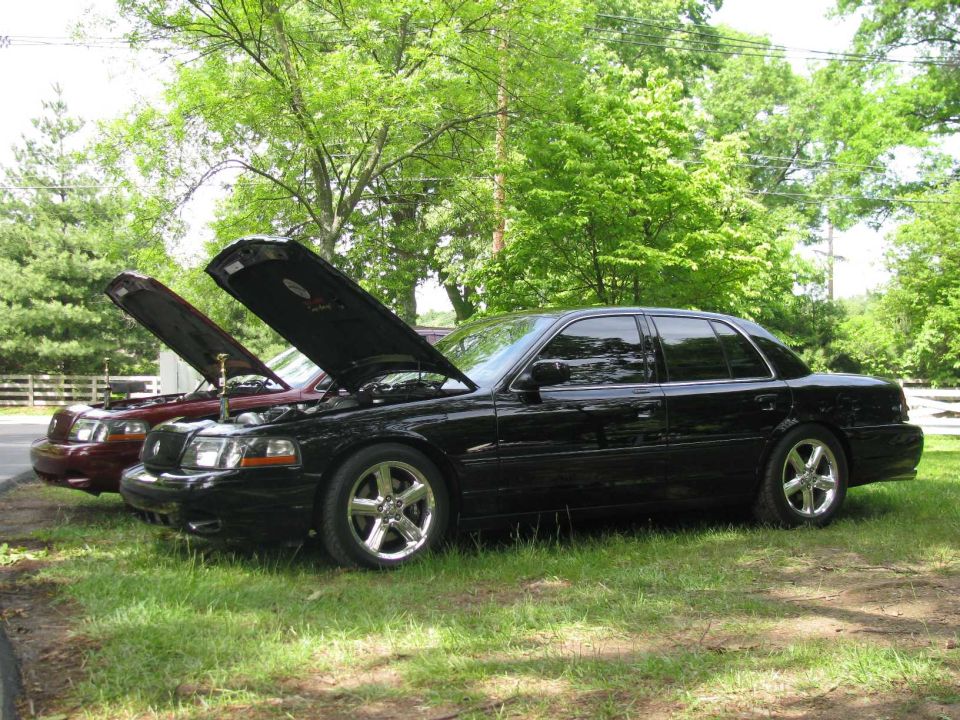 Two sedans with hoods open parked on grass with trees in background.