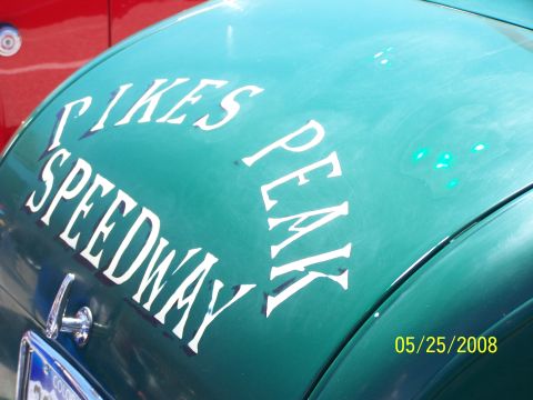 1972 Ford Ranchero - Trunk of a green car with 'Pikes Peak Speedway' lettering. Photo taken on 05/25/2008.