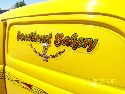 1972 Ford Ranchero - Yellow van with "Sweetheart Bakery" logo and "Get Your Sweetheart Bread Here" text. Date stamp "05/25/2008" visible.