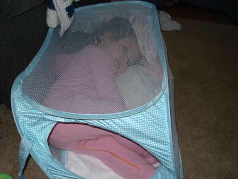 2000 Ford Crown Victoria - A baby rests inside a portable playpen on a carpeted floor.