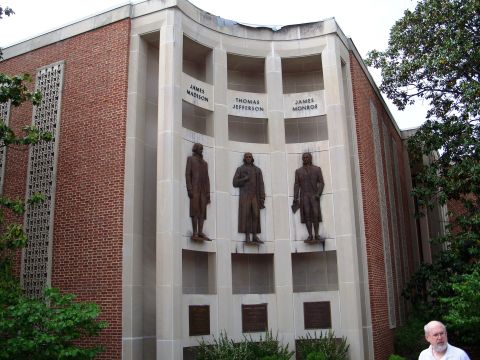 1971 Ford Ranchero - A building facade displays statues of James Madison, Thomas Jefferson, and James Monroe, with text labels above each figure.