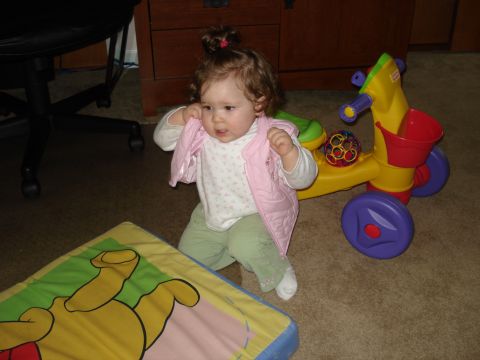 2000 Ford Crown Victoria - A baby girl in a pink vest and green pants sits on a carpeted floor next to a colorful toy tricycle. A Winnie the Pooh playmat is in the fo…