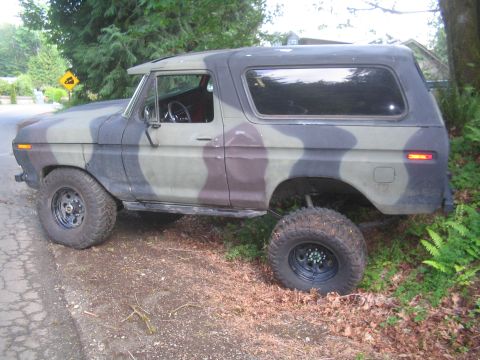 1979 Ford Bronco - A camouflage-painted 1979 Ford Bronco is parked on the side of a dirt road next to trees and ferns. The vehicle has large off-road tires an…