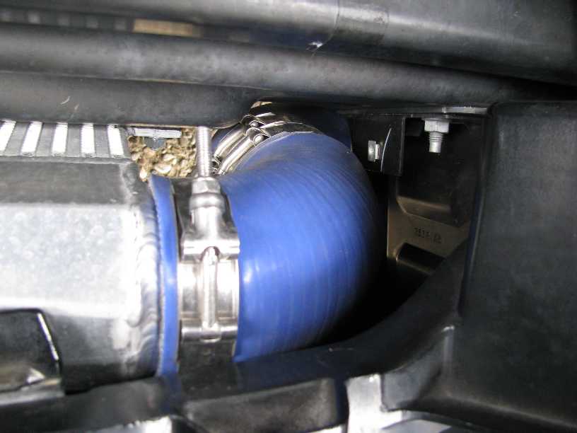 Blue silicone hose connected to silver intercooler with clamp, secured to black plastic.