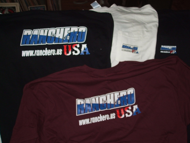 Four Ranchero USA branded t-shirts in black, white, and maroon