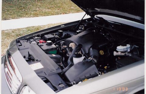 2002 Ford Crown Victoria - Engine bay of a 2002 Ford Crown Victoria, with the hood raised for access to engine components.
