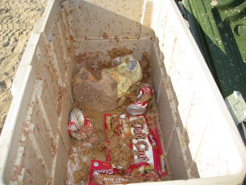 1994 Jeep YJ - Contents of a cooler after an outing, showing discarded food and drink containers.